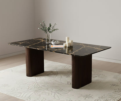 Swaarno 6 Seater Dining Sets with  Black Engineered Marble Top in Dark Walnut Finish