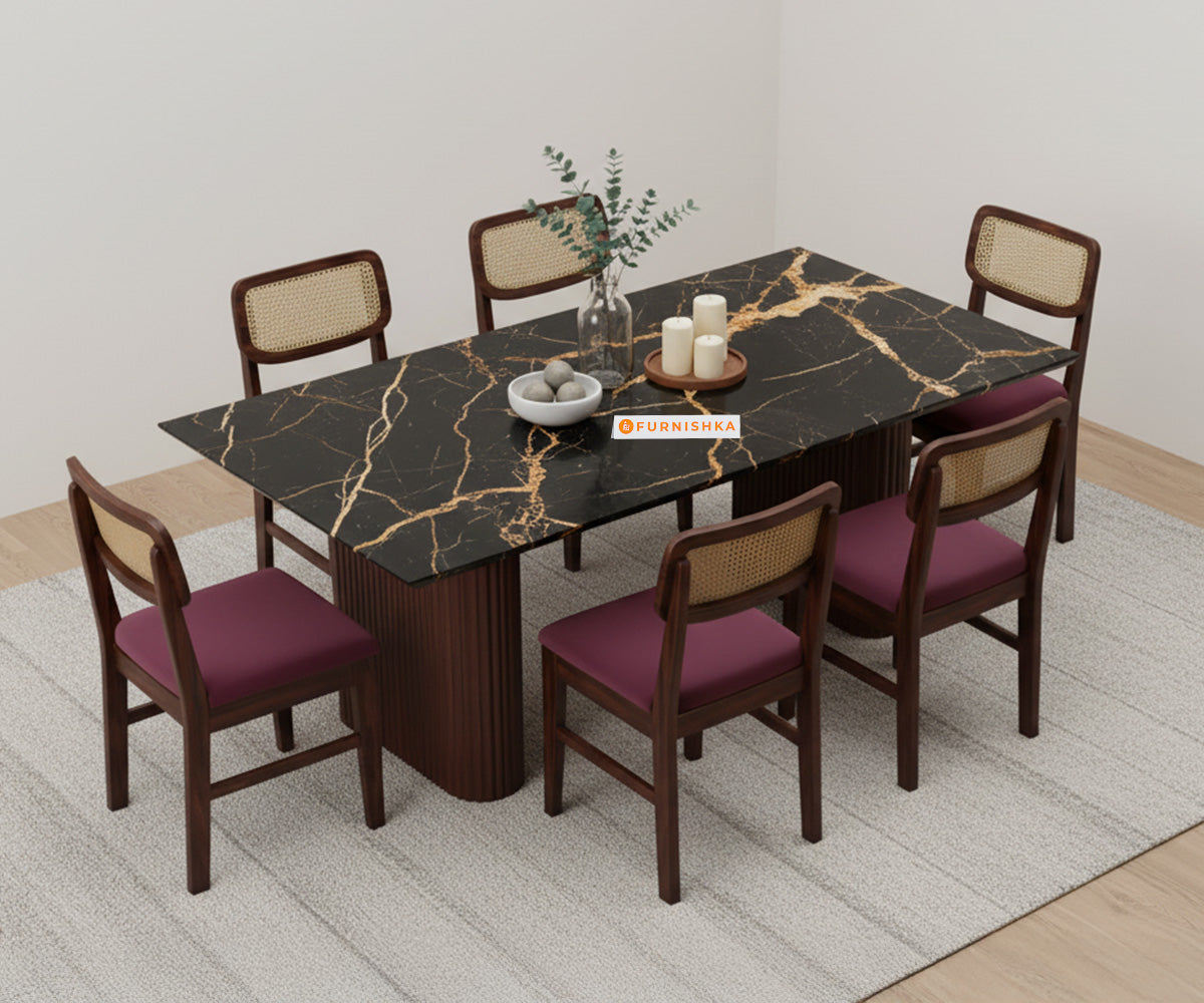 Swaarno 6 Seater Dining Sets with  Black Engineered Marble Top in Dark Walnut Finish