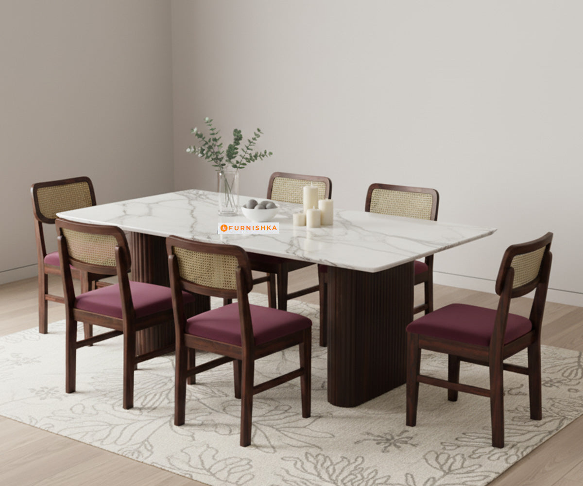 Swaarno 6 Seater Dining Sets with White Engineered Marble Top in  Dark Walnut Finish