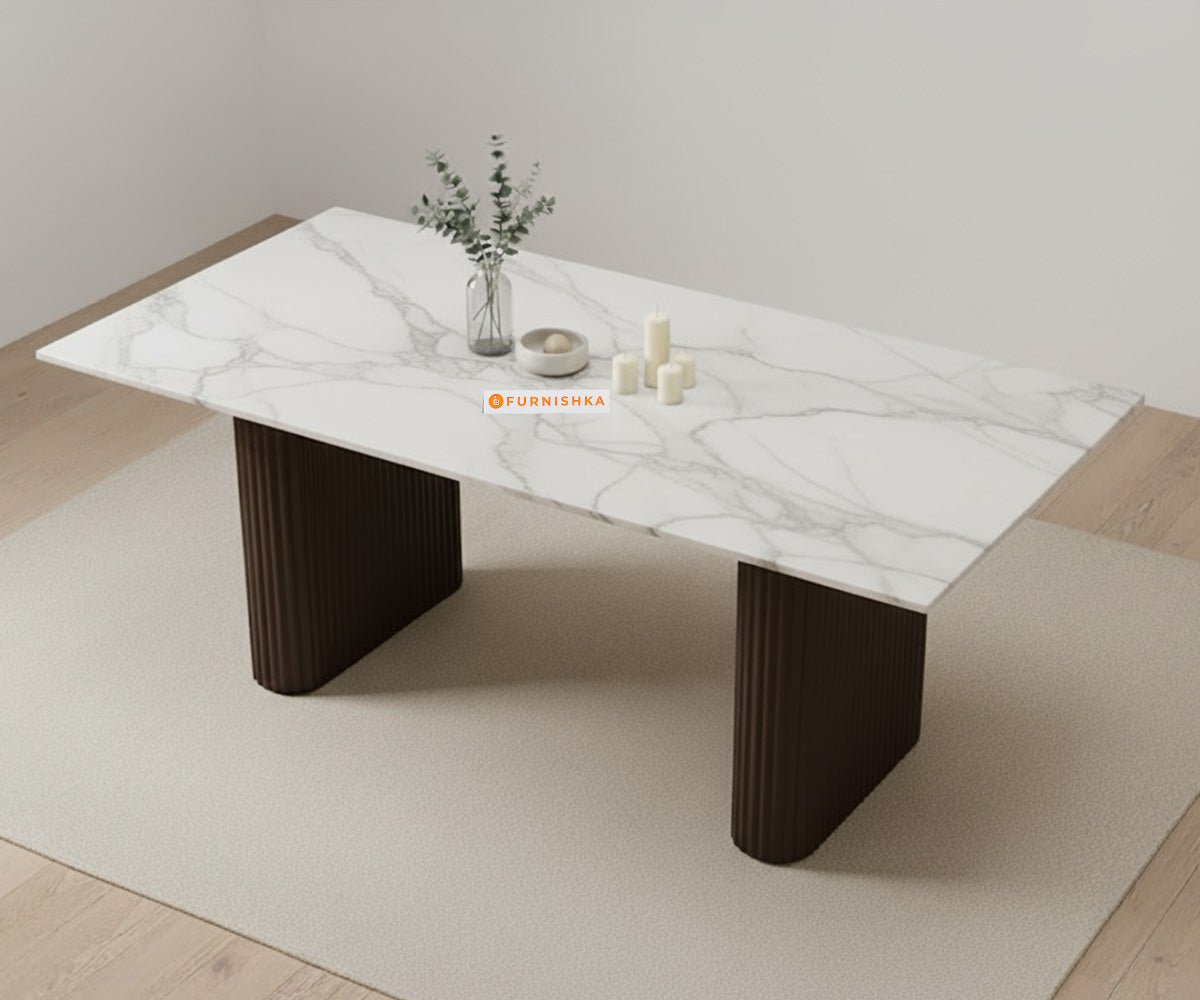 Swaarno 6 Seater Dining Sets with White Engineered Marble Top in  Dark Walnut Finish