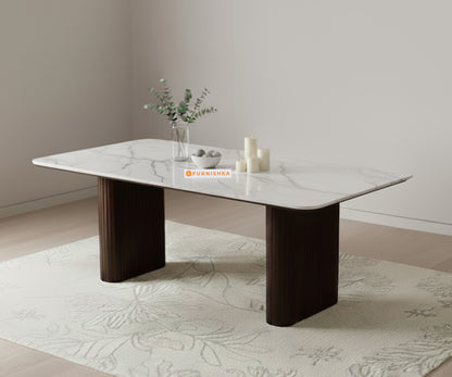 Swaarno 6 Seater Dining Sets with White Engineered Marble Top in  Dark Walnut Finish