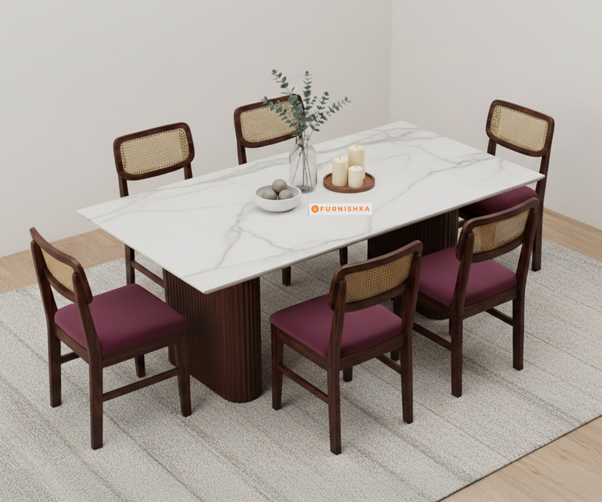 Swaarno 6 Seater Dining Sets with White Engineered Marble Top in  Dark Walnut Finish