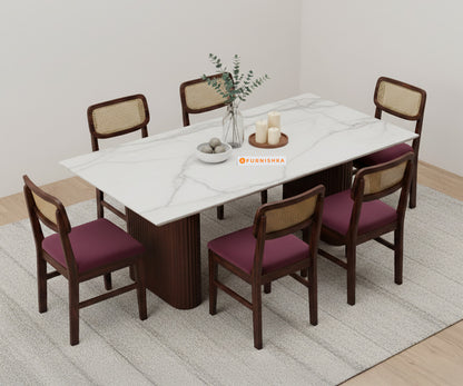 Swaarno 6 Seater Dining Sets with White Engineered Marble Top in  Dark Walnut Finish