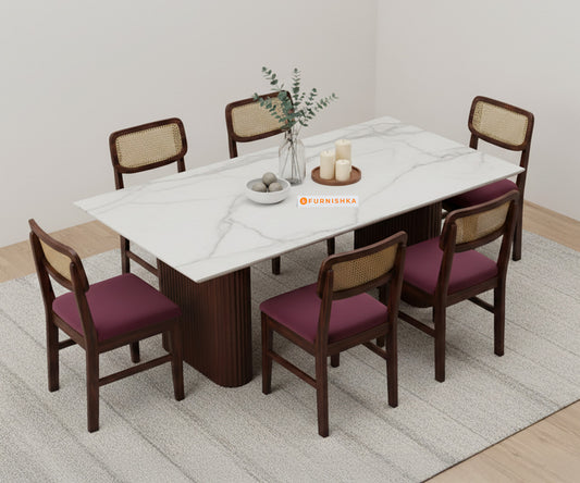 Swaarno 6 Seater Dining Sets with White Engineered Marble Top in  Dark Walnut Finish