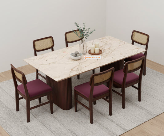 Swaarno 6 Seater Dining Sets with ROSALIA GOLD sandwich Engineering Marble Top in  Dark Walnut Finish