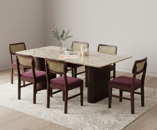 Swaarno 6 Seater Dining Sets with ROSALIA GOLD sandwich Engineering Marble Top in  Dark Walnut Finish