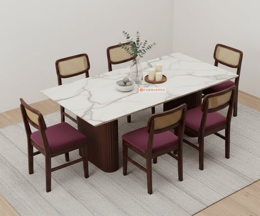 Swaarno 6 Seater Dining Sets with Quartz sandwich Engineering Marble Top in Dark Walnut Finish