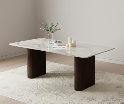 Swaarno 6 Seater Dining Sets with Quartz sandwich Engineering Marble Top in Dark Walnut Finish