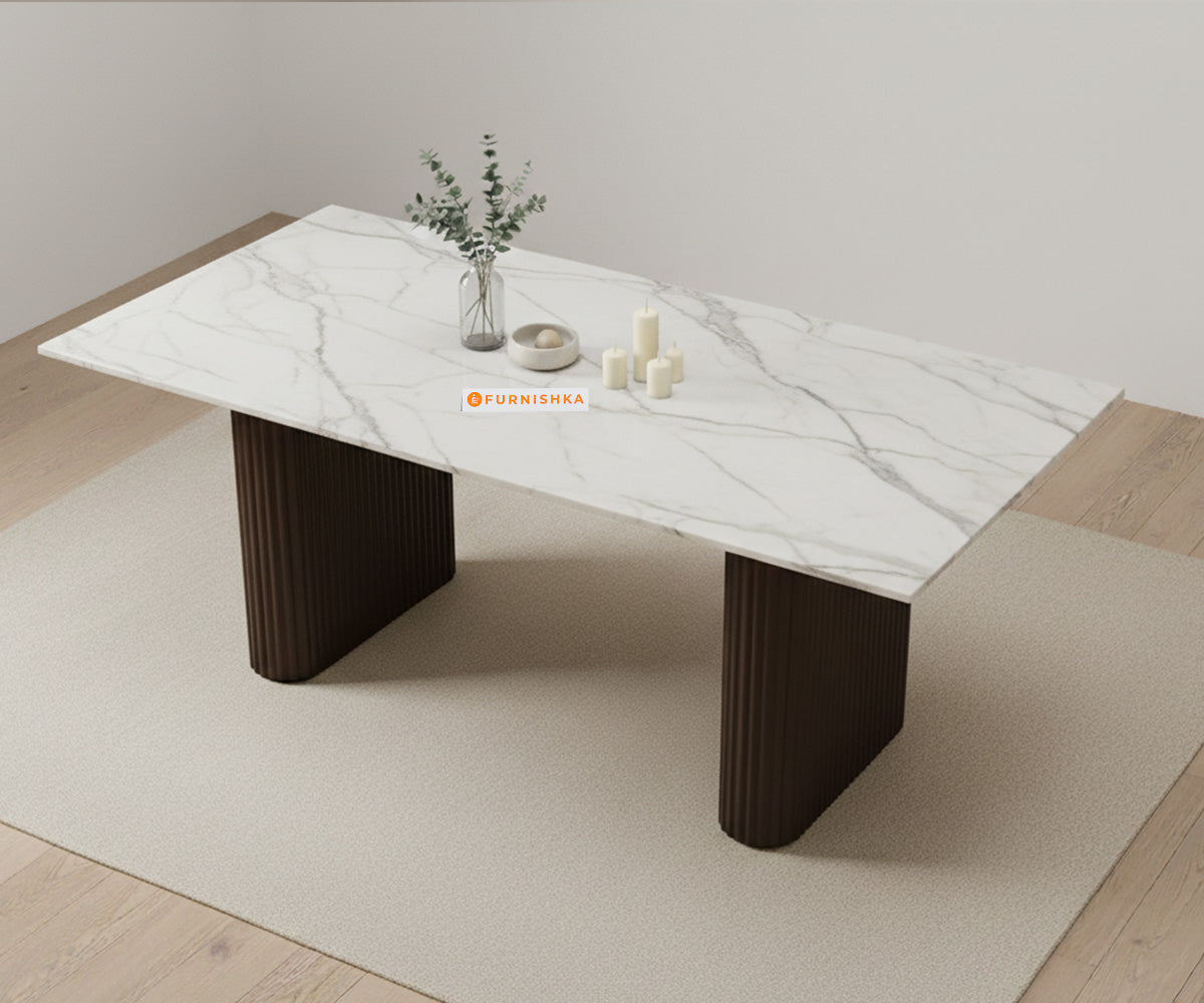 Swaarno 6 Seater Dining Sets with Quartz sandwich Engineering Marble Top in Dark Walnut Finish