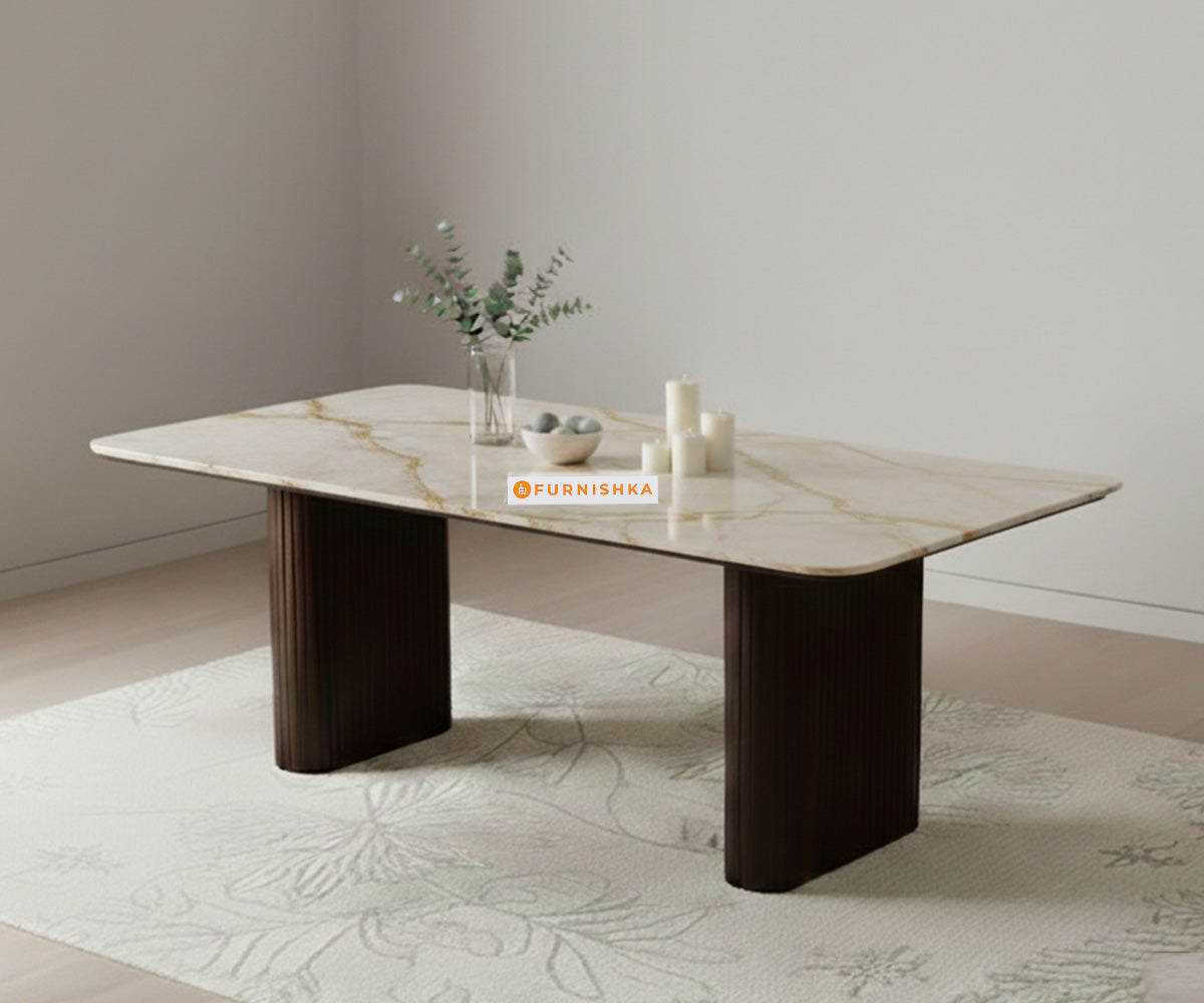 Swaarno 6 Seater Dining Sets with Indian Marble sandwich Engineering Marble Top in  Dark Walnut Finish