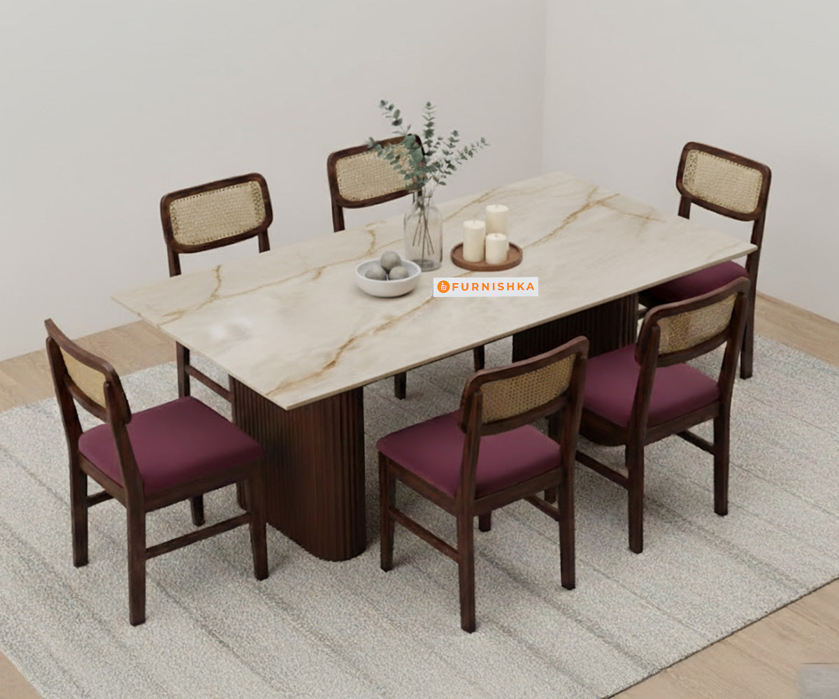 Swaarno 6 Seater Dining Sets with Indian Marble sandwich Engineering Marble Top in  Dark Walnut Finish