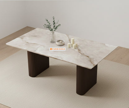 Swaarno 6 Seater Dining Sets with Indian Marble sandwich Engineering Marble Top in  Dark Walnut Finish