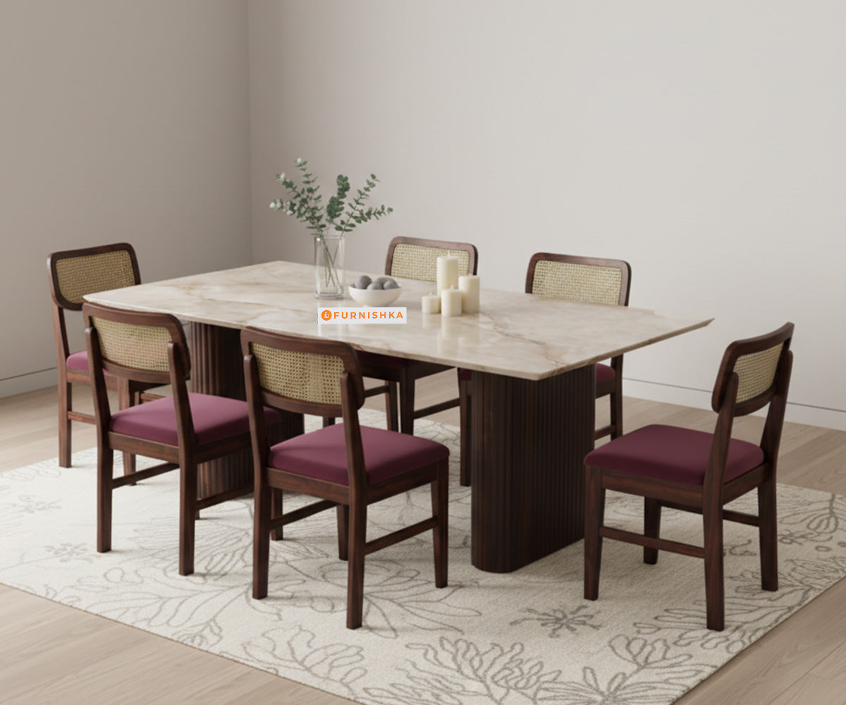 Swaarno 6 Seater Dining Sets with Indian Marble sandwich Engineering Marble Top in  Dark Walnut Finish