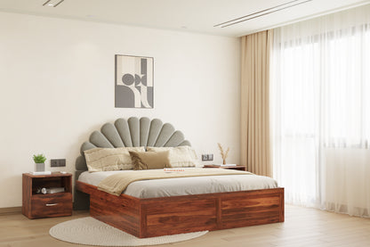 Satin Sheesham Wood bed with Upholstered headboard Drawer Storge King Size