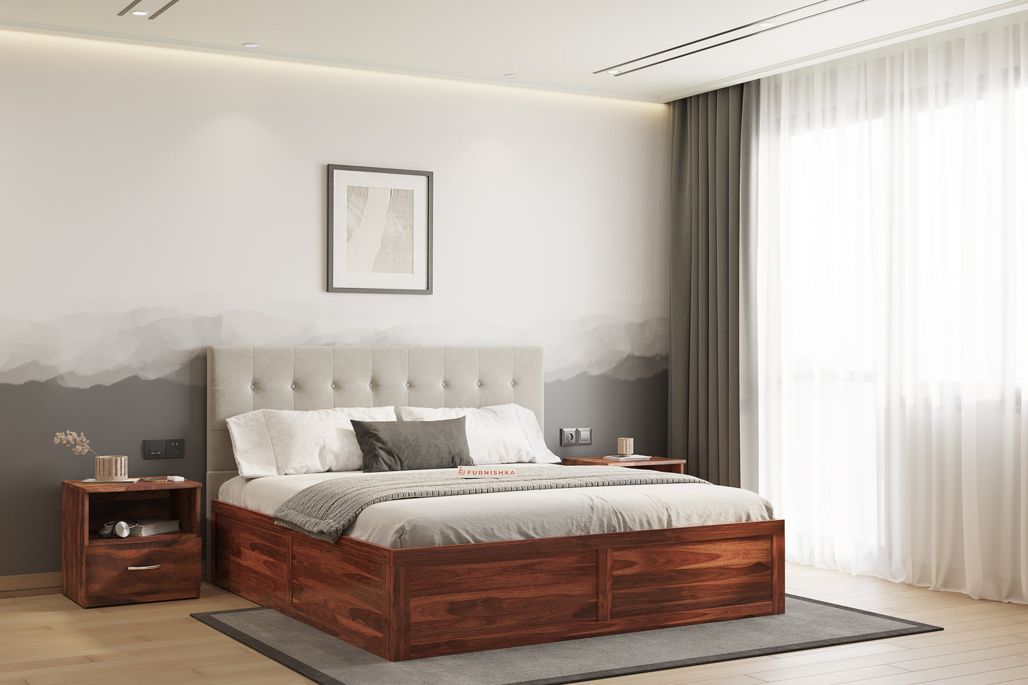 Irene Sheesham Wood bed with Upholstered headboard Box Storage Queen Size