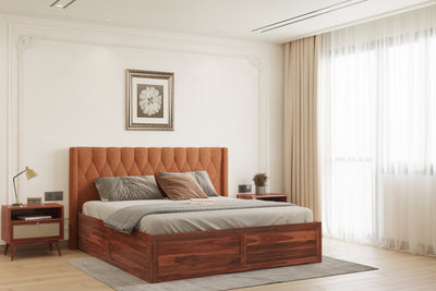 Samawi Sheesham Wood bed with Upholstered headboard Box Storage Queen Size