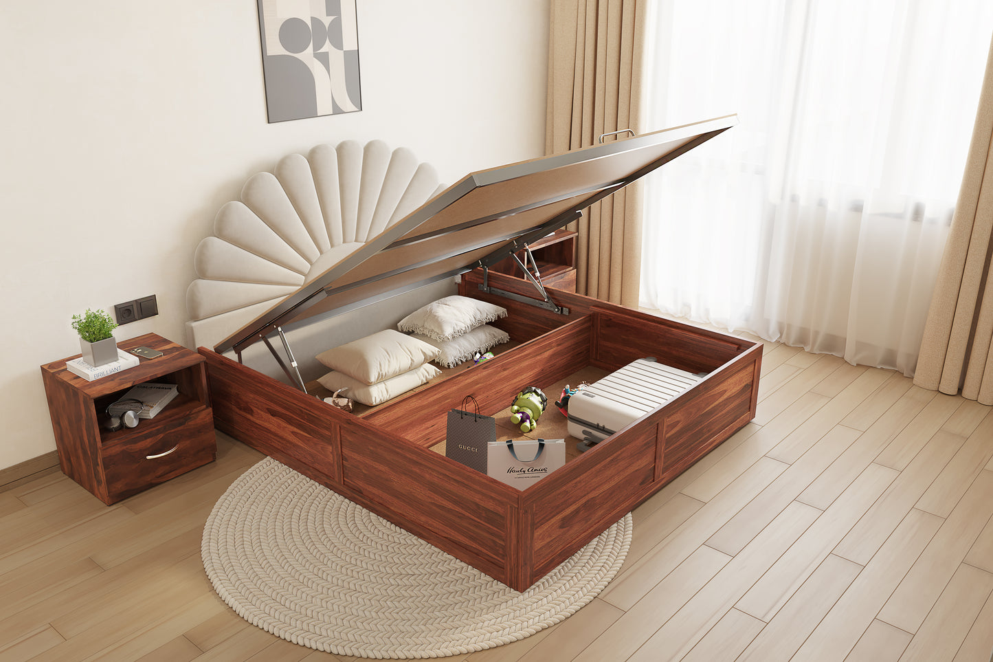 Satin Sheesham Wood bed with Upholstered headboard Hydraulic Storage King Size