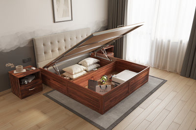 Irene Sheesham Wood bed with Upholstered headboard Hydraulic Storage King Size