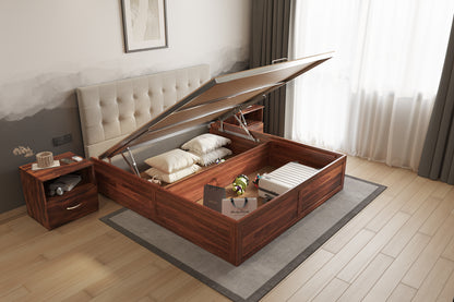 Irene Sheesham Wood bed with Upholstered headboard Hydraulic Storage King Size