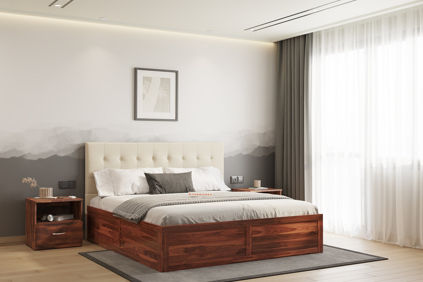 Irene Sheesham Wood bed with Upholstered headboard Box Storage King Size