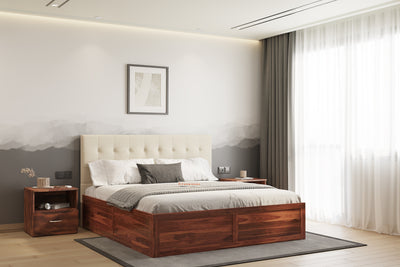 Irene Sheesham Wood bed with Upholstered headboard Box Storage King Size