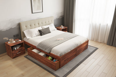Irene Sheesham Wood bed with Upholstered headboard Drawer Storge King Size