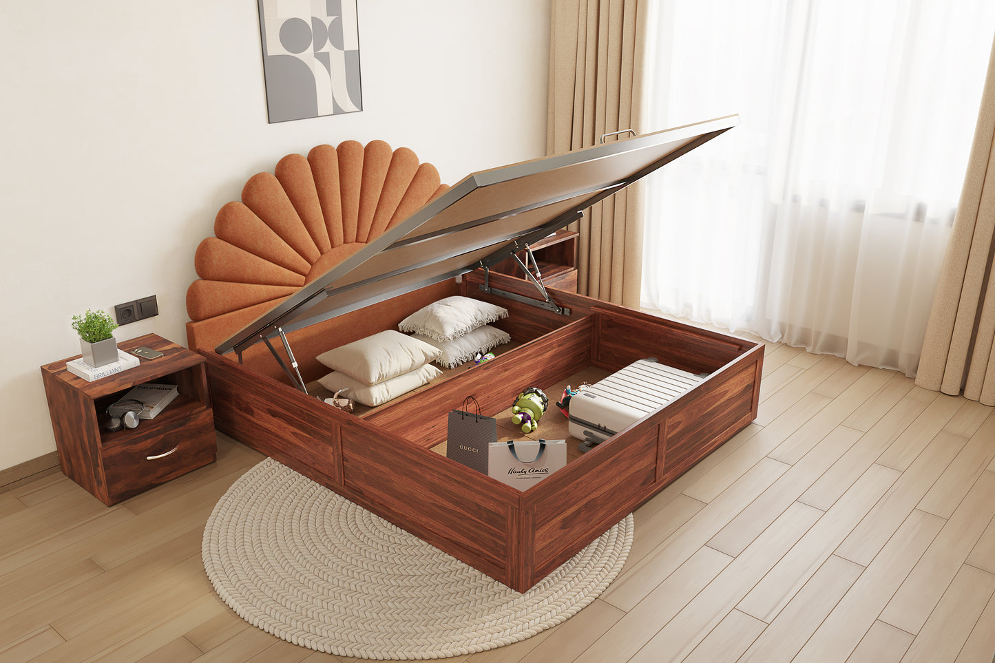 Satin Sheesham Wood bed with Upholstered headboard Hydraulic Storage King Size