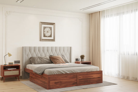 Samawi Sheesham Wood bed with Upholstered headboard Drawer Storge King Size