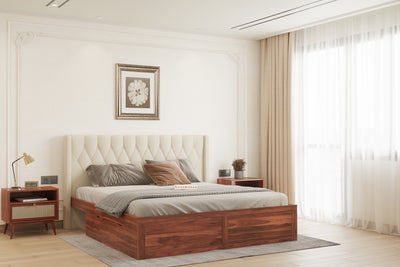 Samawi Sheesham Wood bed with Upholstered headboard Drawer Storge Queen Size