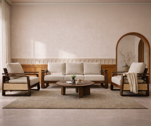 Aadhya 3+1+1 Seater Wooden Sofa Sets With Cane - Furnishka 