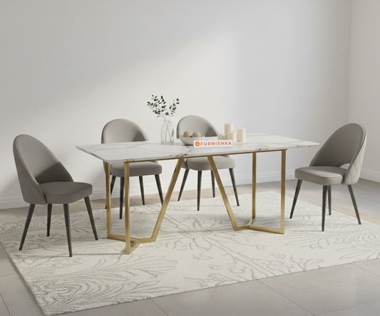 Aanvo 4 Seater Dining Sets with White Engineering Marble Sandwich Top in Gold Finish - Furnishka