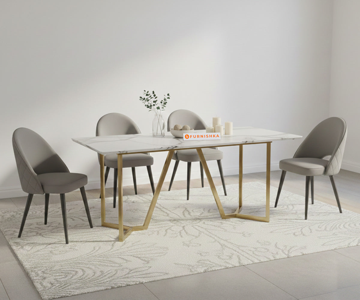 Aanvo 4 Seater Dining Sets with White Engineering Marble Sandwich Top in Gold Finish - Furnishka