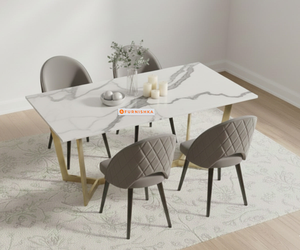 Aanvo 4 Seater Dining Sets with White Engineering Marble Sandwich Top in Gold Finish - Furnishka