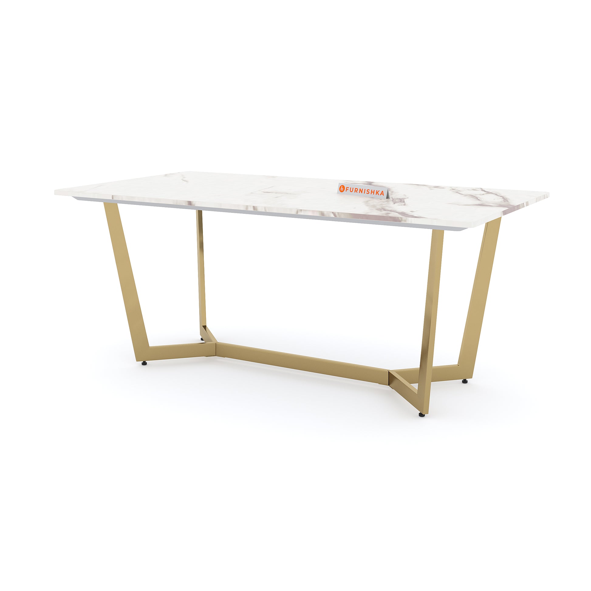 Aanvo 6 Seater Dining Sets with White Engineering Marble Sandwich Top in Gold Finish - Furnishka