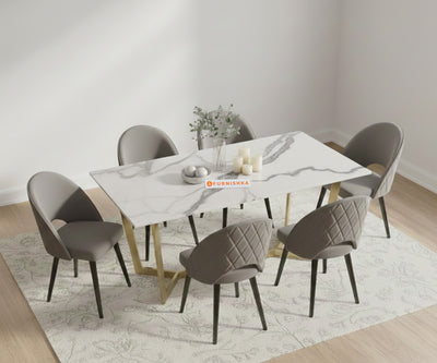 Aanvo 6 Seater Dining Sets with White Engineering Marble Sandwich Top in Gold Finish