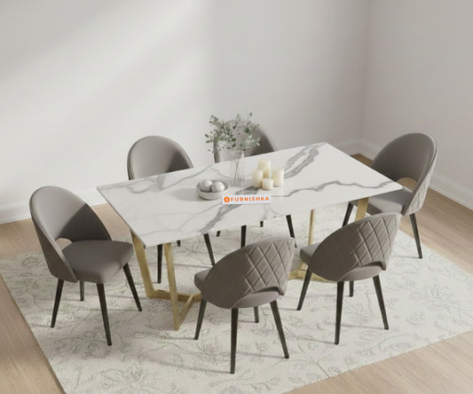 Aanvo 6 Seater Dining Sets with White Engineering Marble Sandwich Top in Gold Finish - Furnishka 
