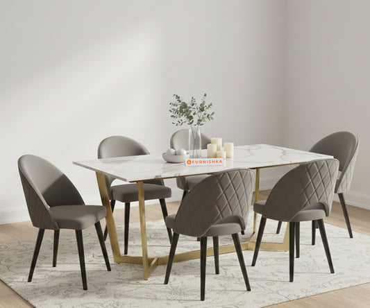 Aanvo 6 Seater Dining Sets with White Engineering Marble Sandwich Top in Gold Finish - Furnishka 
