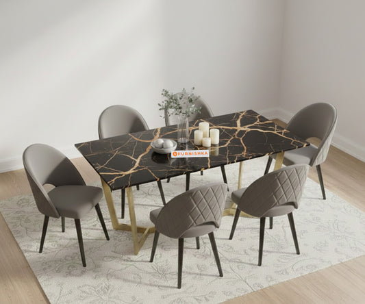 Aanvo 6 Seater Dining sets with Black Engineered Marble Top In Gold Finish - Furnishka 