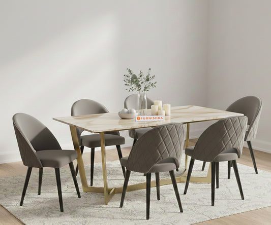 Aanvo 6 Seater Dining sets with ROSALIA GOLD sandwich Engineering Marble Top in Gold Finish - Furnishka 