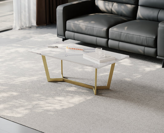 Aanvo Coffee Table with White Engineered Marble Top in  Gold Finish - Furnishka
