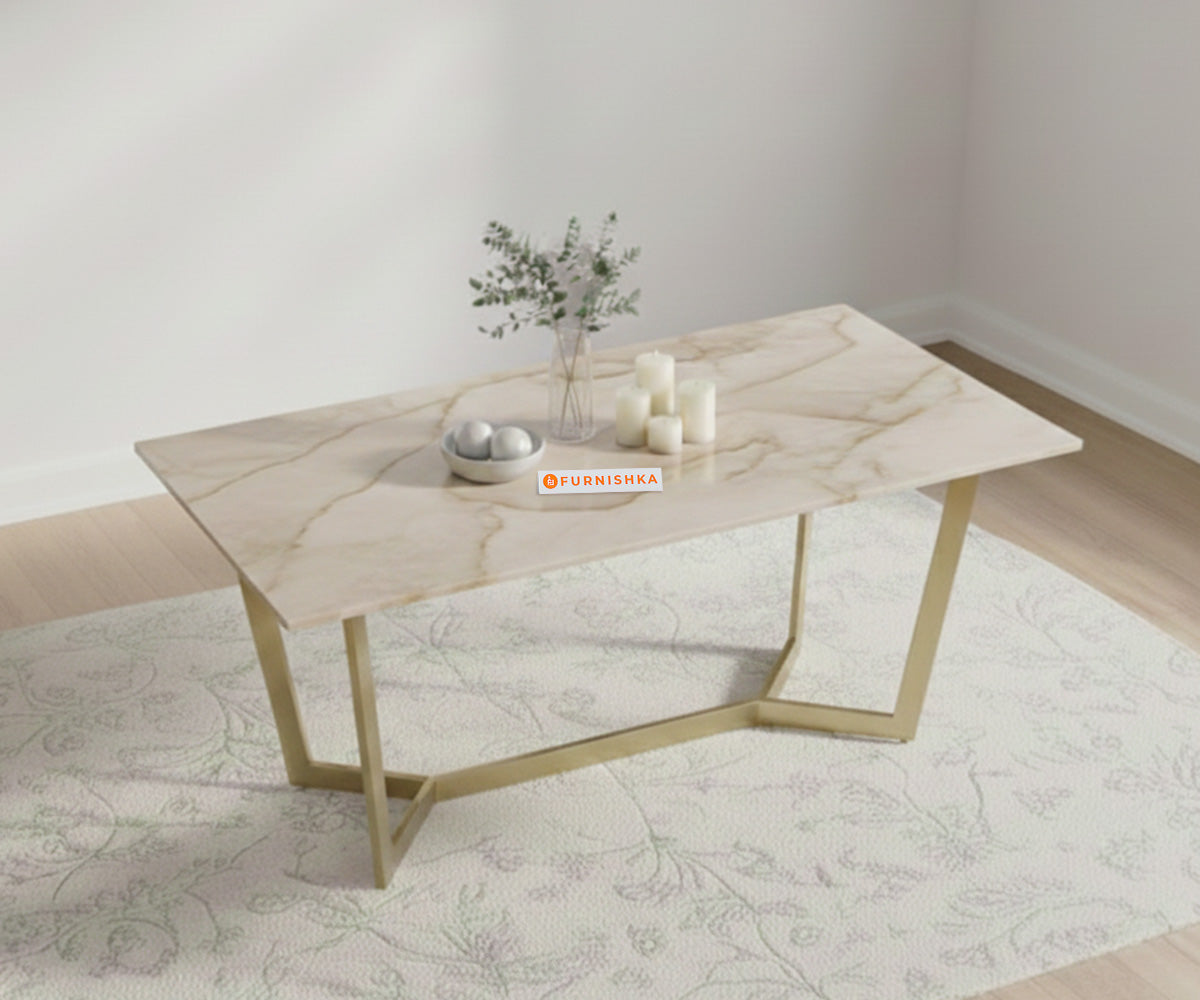 Aanvo Dining Table with Australian Onyx sandwich Engineering Marble Top 6 Seater in Gold Finish - Furnishka 