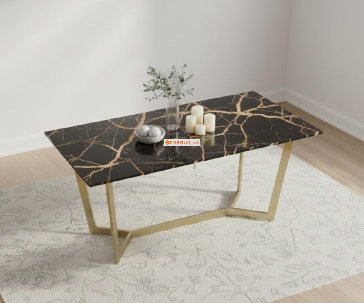 Aanvo Dining Table with Black Engineered Marble Top 4 Seater in Gold Finish - Furnishka 