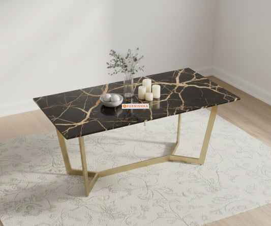 Aanvo Dining Table with Black Engineered Marble Top 4 Seater in Gold Finish - Furnishka 