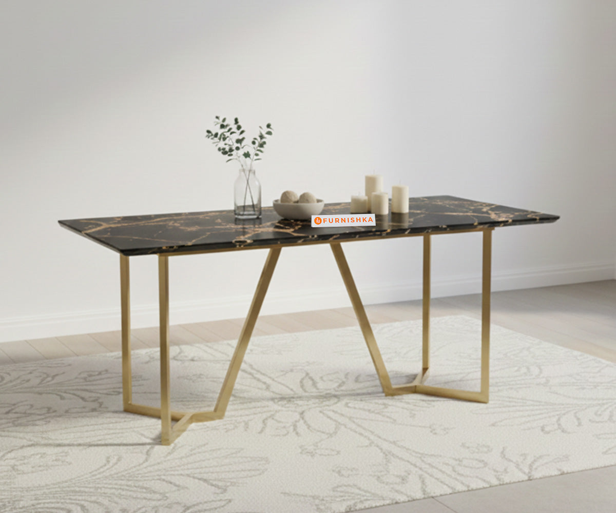 Aanvo Dining Table with Black Engineered Marble Top 6 Seater in Gold Finish - Furnishka 