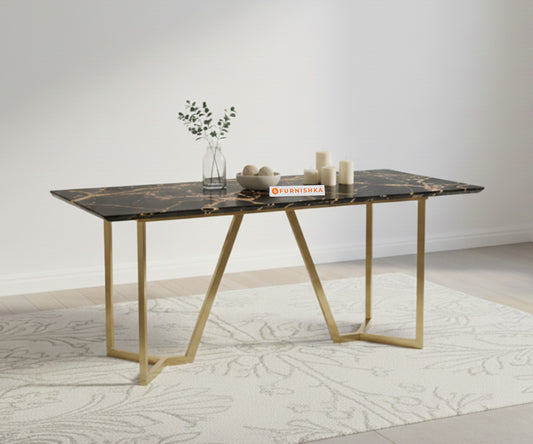 Aanvo Dining Table with Black Engineered Marble Top 6 Seater in Gold Finish - Furnishka 
