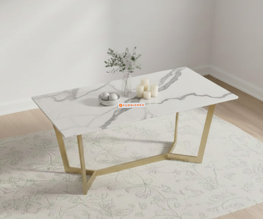 Aanvo Dining Table with Indian Marble sandwich Engineering Marble Top 4 Seater in Gold Finish - Furnishka 