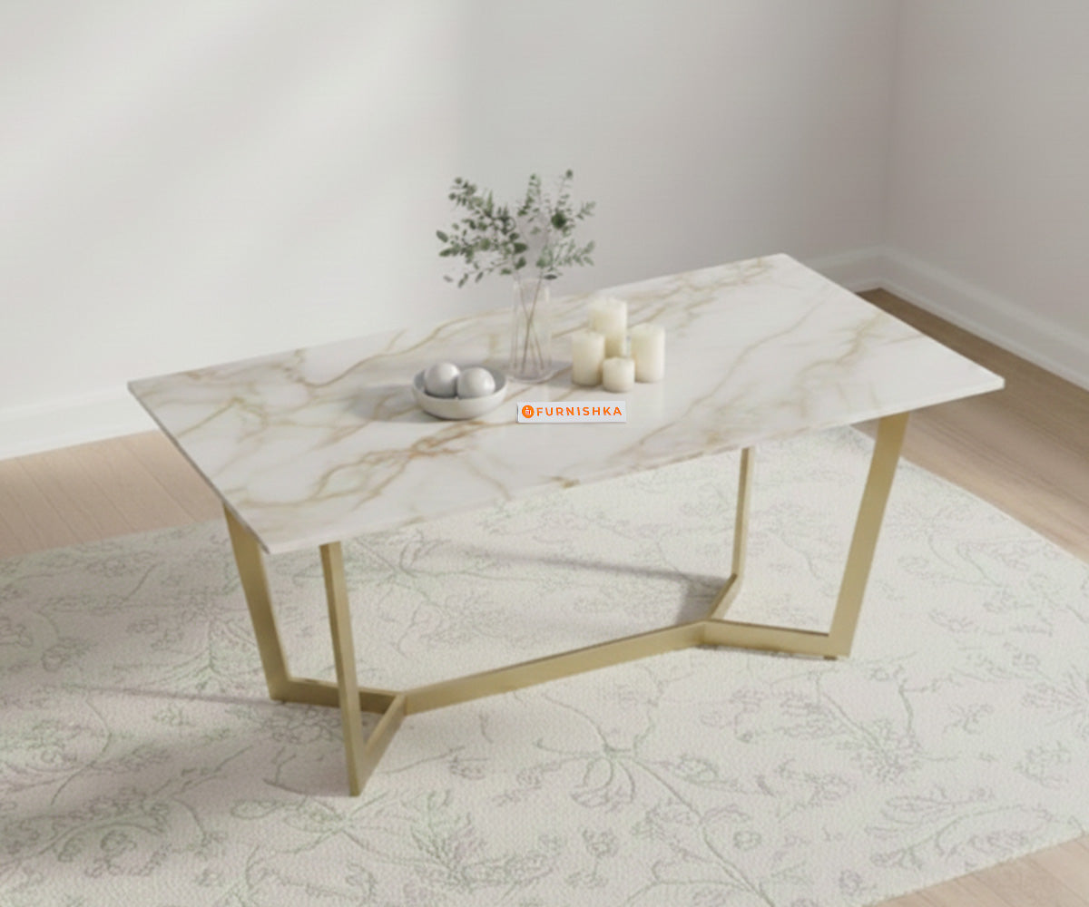 Aanvo Dining Table with ROSALIA GOLD sandwich Engineering Marble Top 6 Seater in Gold Finish - Furnishka 