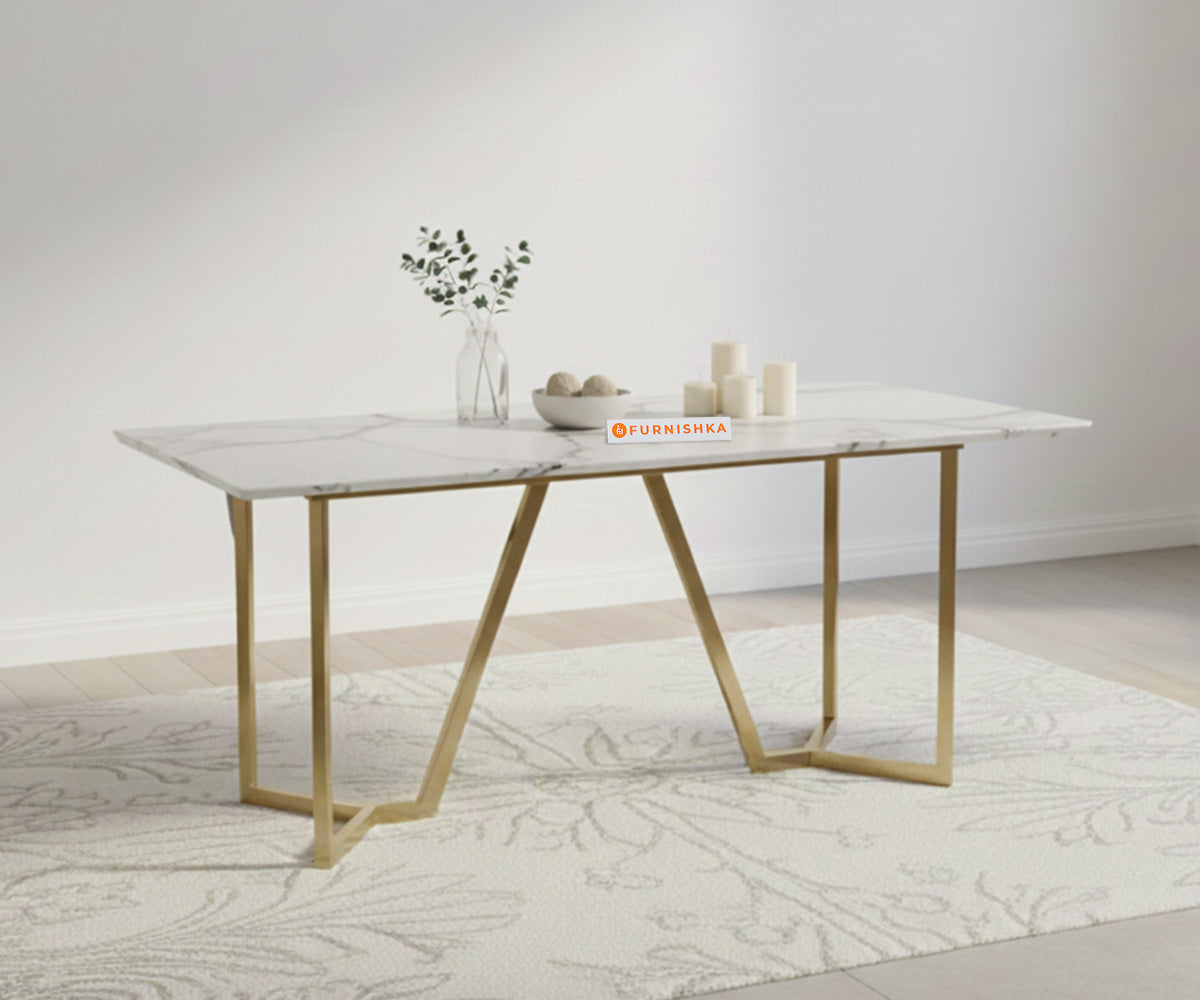 Aanvo Dining Table with White Engineering Marble Sandwich Top 6 Seater in Gold Finish - Furnishka 