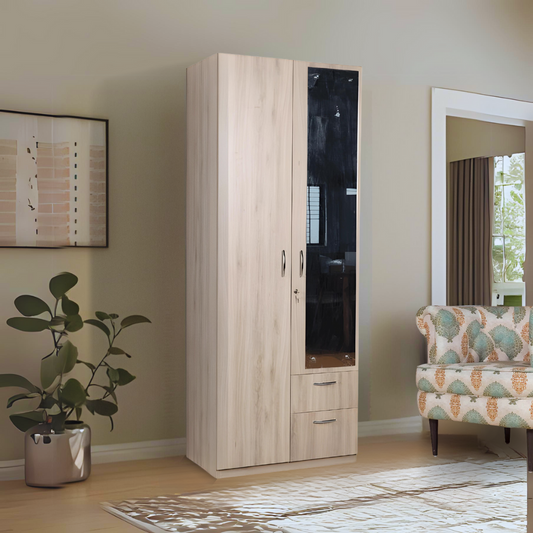 Aasaro 2 Door Wardrobe with Mirror - Oak Finish - Furnishka 