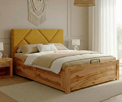 Agatha Real Teak Wood Hydraulic Bed King Size Mustard Yellow